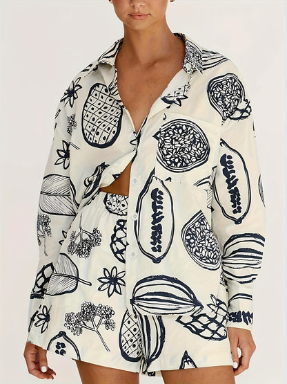 Losse overhemd en shorts met fruitprint tweedelige set