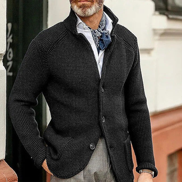 Mens Thick Knit Cardigan Sweater with Buttoned Lapel