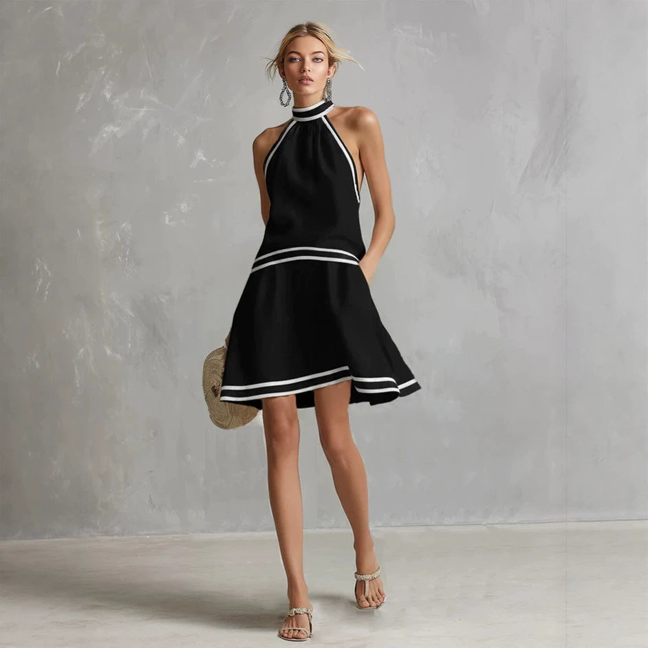 Halter Neck Striped Trim Dress