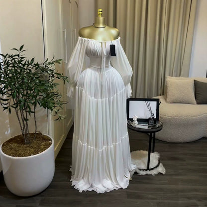 elegant lantern sleeve tie slim-fit pleated long dress