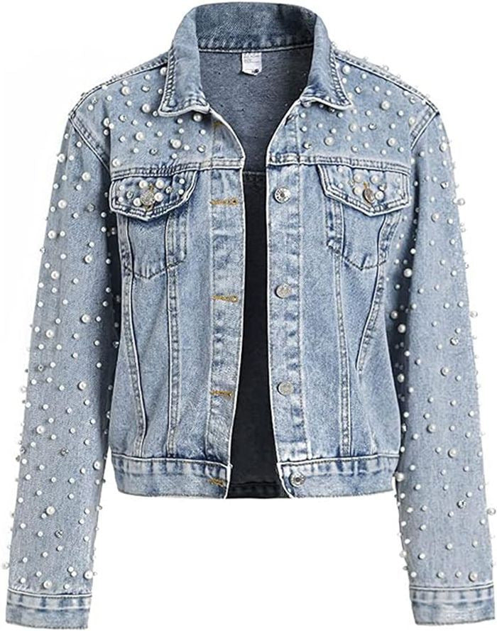 Women's Pearl Rhinestone Cropped Denim Jacket Long Sleeve Slim Fit