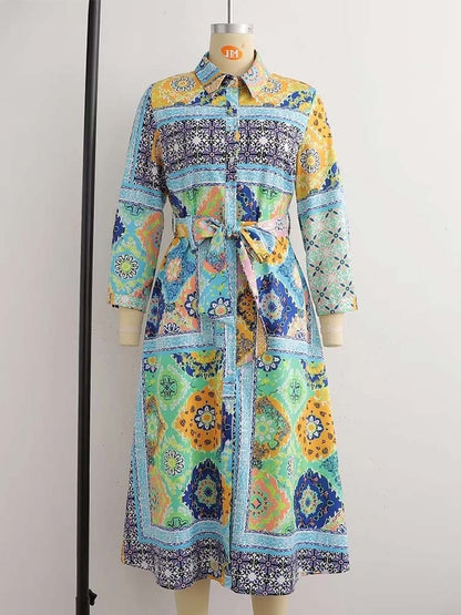 Woman Dress New Fashion Print Boho Elegant Dresses For Women Vintage With Belt Casual Female Party Dresses