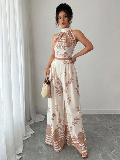Womens Halter Neck Tank Top and Wide-Leg Pants Set