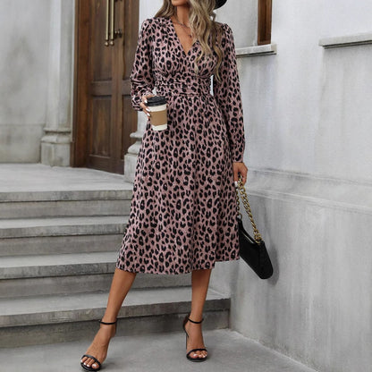 Lange mouwen midi-jurk met luipaardprint Amerikaans