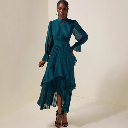 Pleated Midi Dress with Long Sleeves, Elegant Fashion Women's Dress