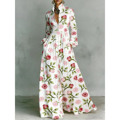 Elegant Waist-Cinching Floral Printed Long Sleeve Dress for Women