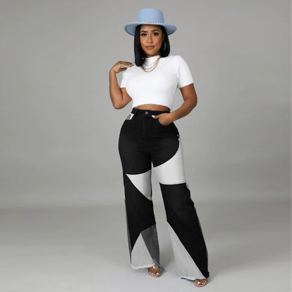 Autumn new European and American stretch plus size women's wide leg pants two tone jeans