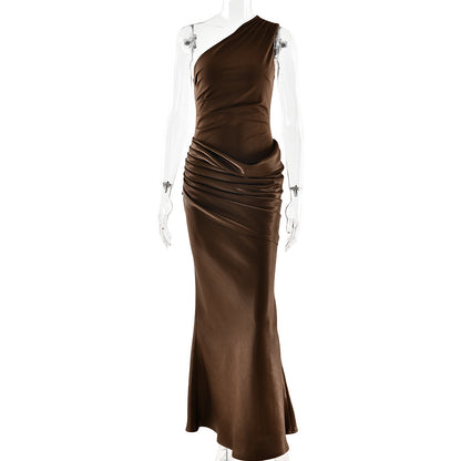 One-Shoulder Pleated Satin Long Dress