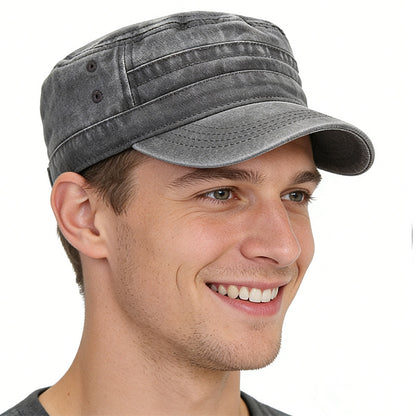 Men's Washed Pure Cotton Solid Color Flat-Top Military Cap