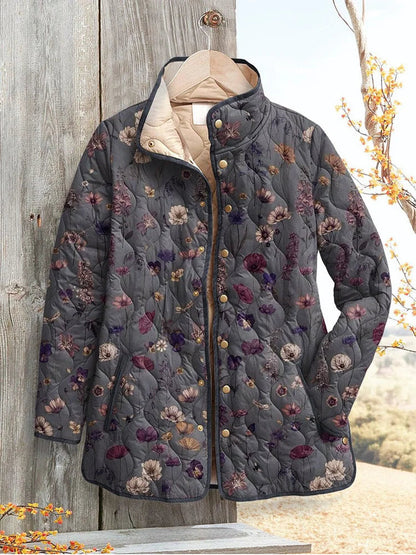 Women's Pleated Floral Digital Print Cotton Jacket Long Sleeve Stand Collar Outerwear