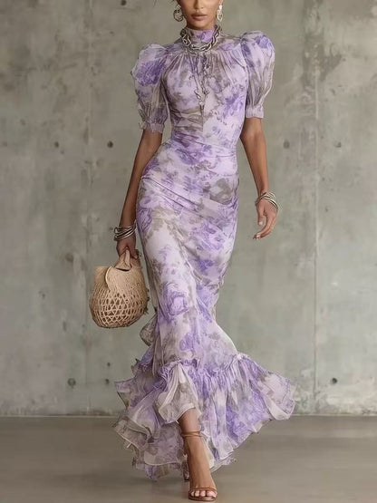 French Floral Puff Sleeve Slim Fit Long Dress