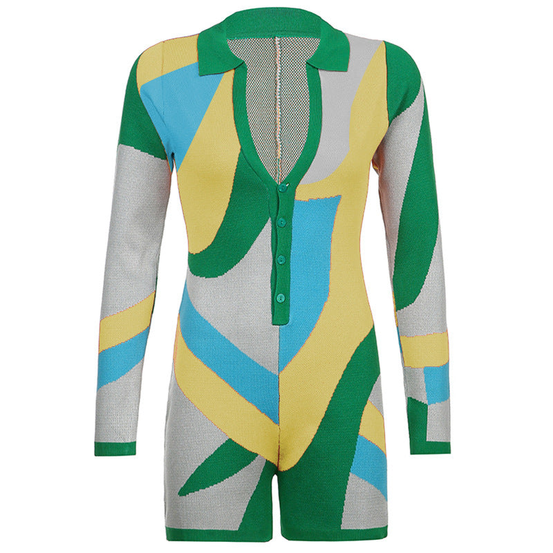 Spice Girls New American Lapel Knitted Color Block Stitching Long Sleeve Jumpsuit Shorts