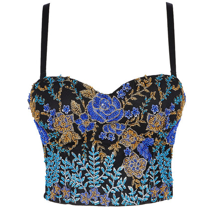 Sexy Spaghetti Strap Bustier with Color Block Embroidery and Boning for Women
