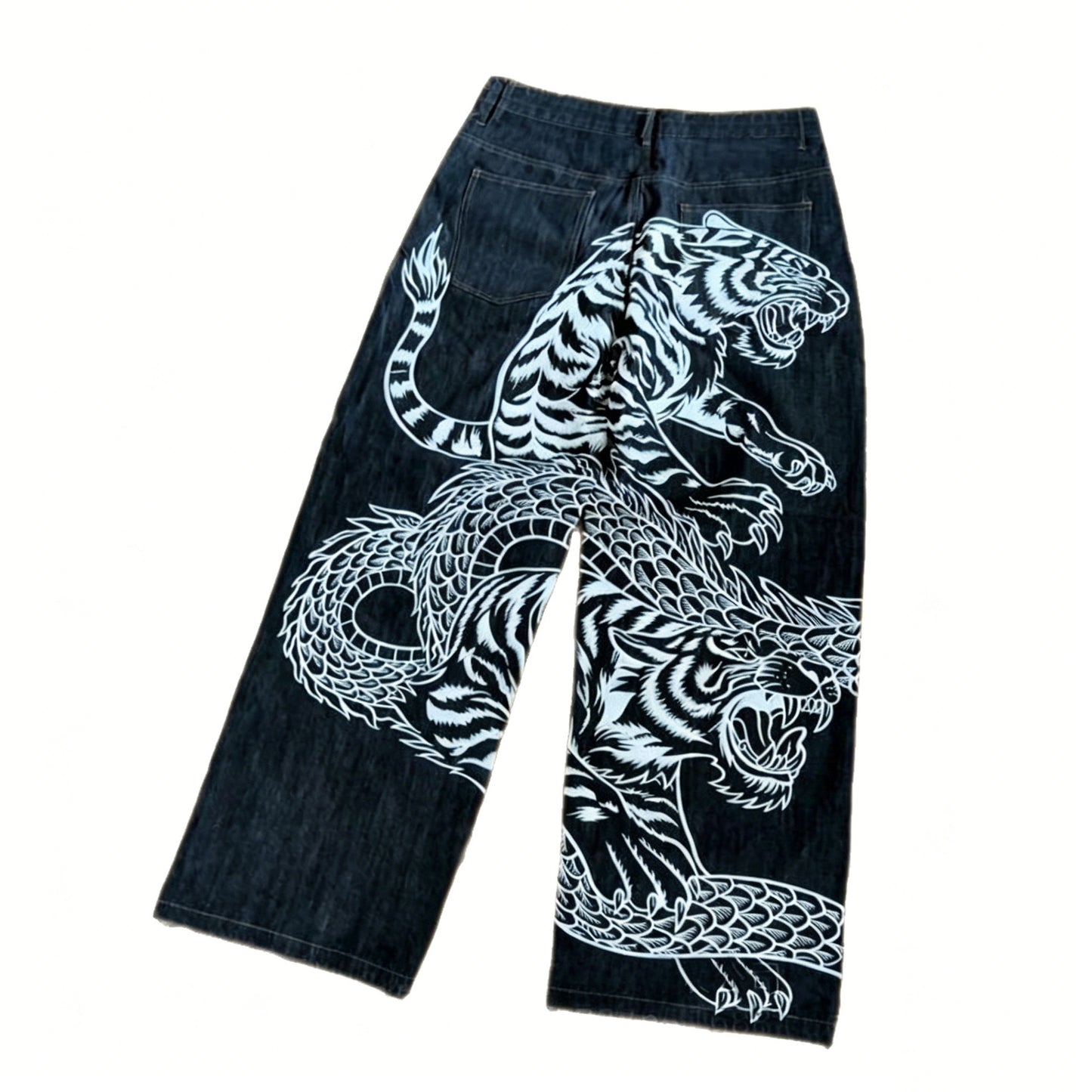 Y2K Draak Tijgerprint Denim Broek met Trekkoord