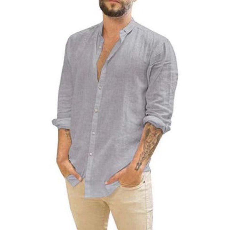 Men's Retro Standing Collar Cardigan, New Casual Long Sleeved Cotton Linen Solid Color Shirt, Men'S Shirt, Men'S Shirt