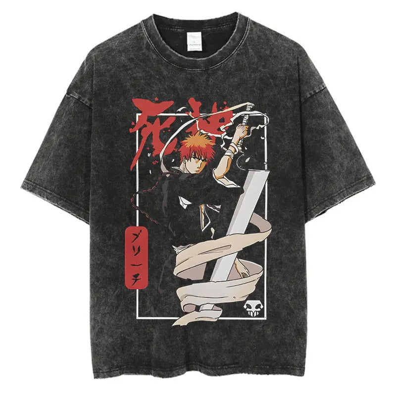 Anime Printed T-Shirt Summer Cotton Washed Vintage Short Sleeve