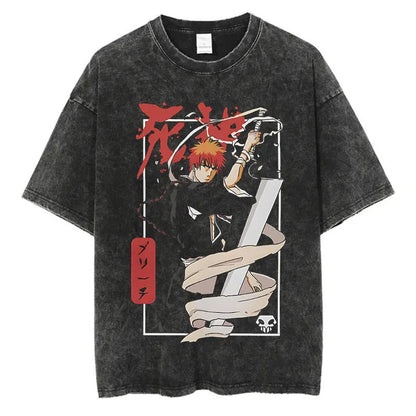 Anime Printed T-Shirt Summer Cotton Washed Vintage Short Sleeve