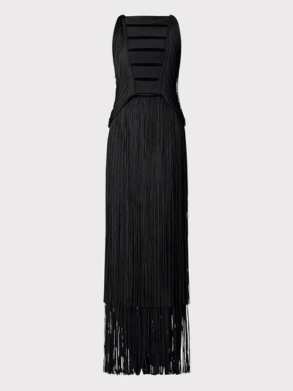 New Summer Women'S Sleeveless O-Neck Tassels Tight Long Bandage Dress Elegant Sexy Cut-Out Party Evening Maxi Dress