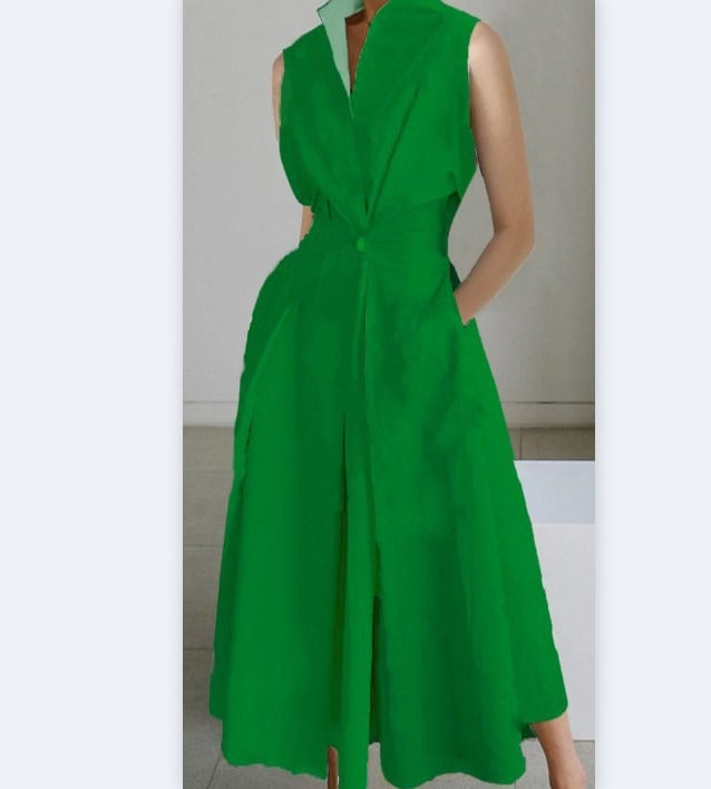Summer new commuting fashion polka dot V-neck women's button up large hem dress