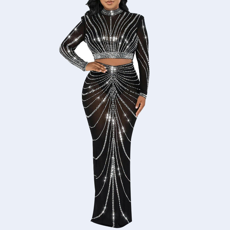 Women's Long Sleeve Dress Set with Mesh and Rhinestone