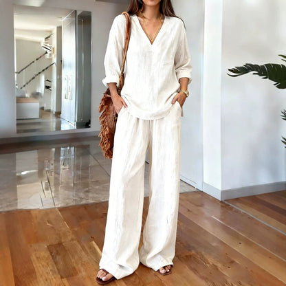 Women's V-Neck Linen Wide-Leg Two-Piece Set