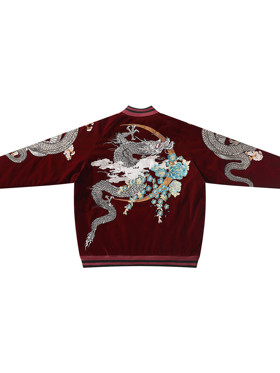 Casual fluwelen baseballjack voor heren met geborduurd drakendesign