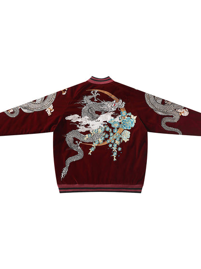 Casual fluwelen baseballjack voor heren met geborduurd drakendesign