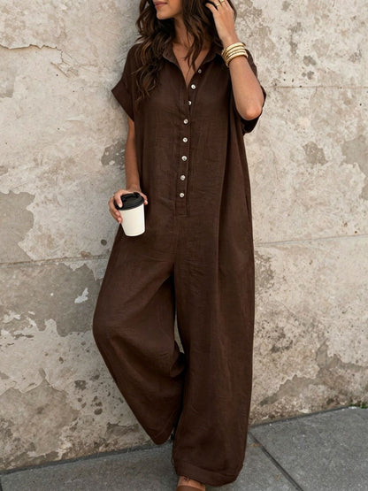 Short Sleeve Button Front Loose Fit Jumpsuit