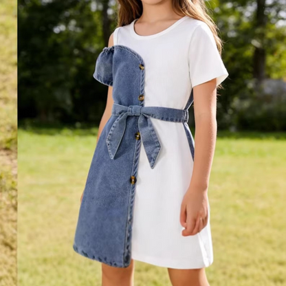 Patchwork Denim Dress with Belt Children Set
