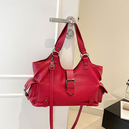 Large Capacity Retro Tote Bag with Rivets Lock Buckle