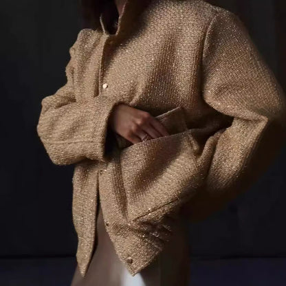 Women's Beaded Round Neck Long Sleeve Loose Polyester Jacket