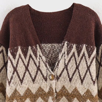 Vintage jacquard gebreide vest met V-hals knopen en tailleband