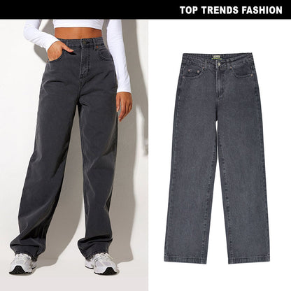 Coole grijze denim broek met hoge taille en losse rechte pijpen