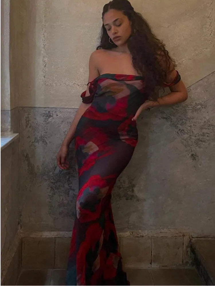 Women Summer Elegant Print Slip Mesh See Through Maxi Dress Beach Holiday Sleeveless Party Dresses Vestidos
