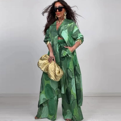 Tweedelige elegante set: lange overhemd met print + wijde broek