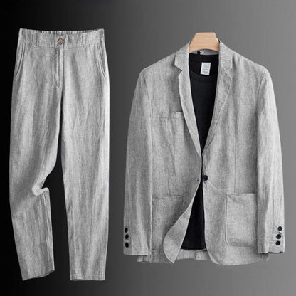 Men's Summer Korean-Style Linen Suit Set ? Slim-Fit, Lightweight Cotton-Linen Casual Blazer and Trousers, Sun-Protective Two-Piece Outfit