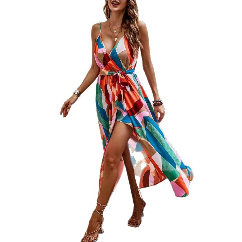 V Neck Suspender Geometric Dress
