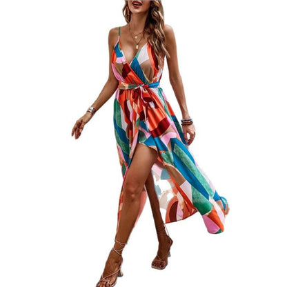 V Neck Suspender Geometric Dress