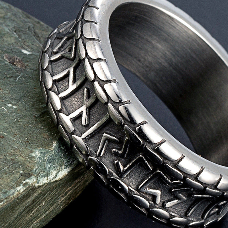 Retro distressed Viking runes stainless steel ring