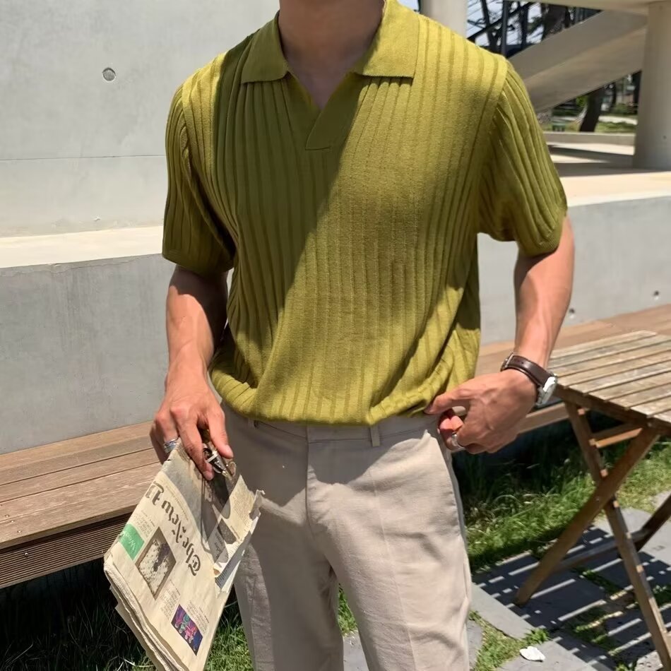 Fashion Casual Lapel Pure Color Polo Shirt Casual Knitted Short-Sleeved Men's Summer New Breathable Trendy Men's T-Shirt