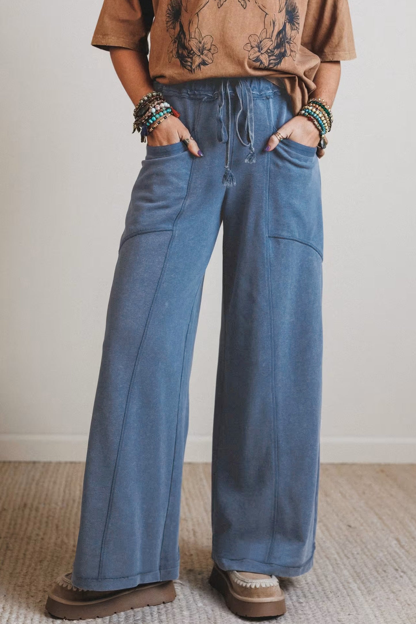Mineral Wash Retro Westernbroek met trekkoord hoge taille en wijde pijpen
