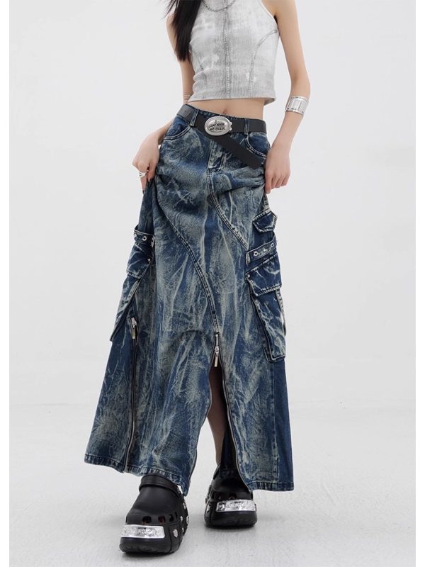Vintage Washed Tie-Dye Denim Skirt with Zipper Detail