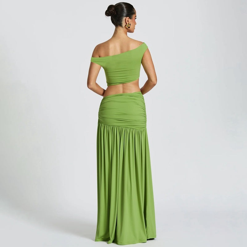 Sexy blote navel diagonaal kraag top slim fit split rok pak