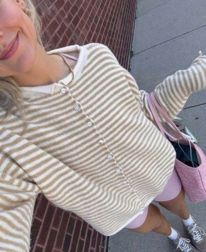 Women's Striped Knit Button-Front Long Sleeve Cardigan