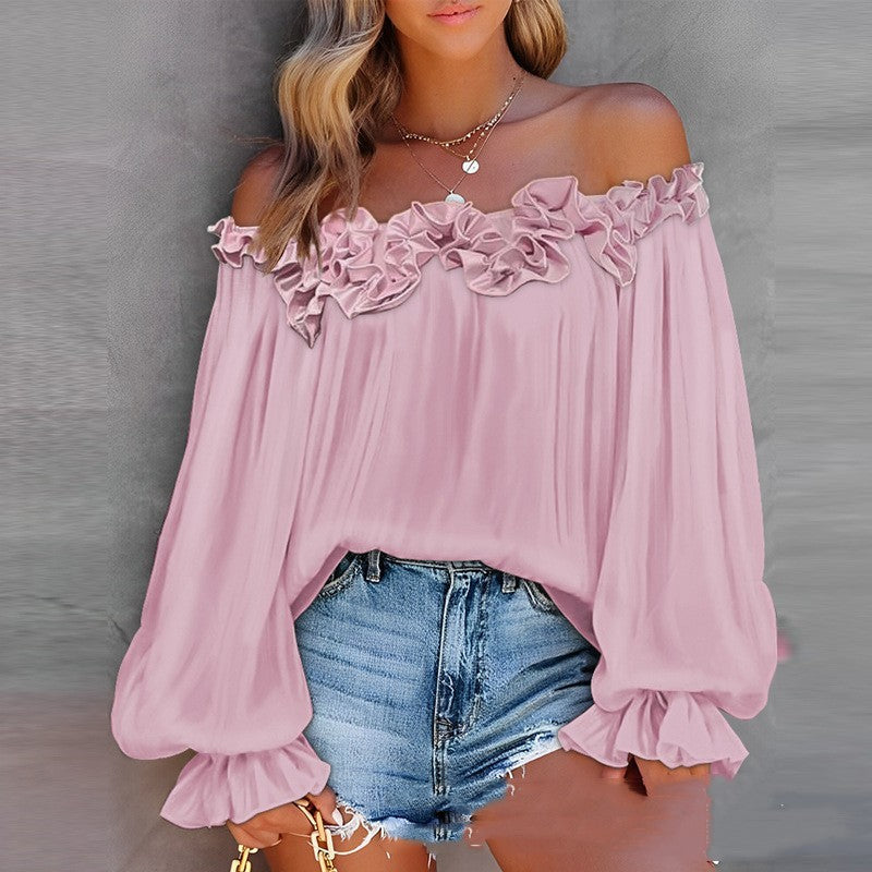 Off-shoulder Top Met Lange Lotusbladmouw En Ruches Halslijn