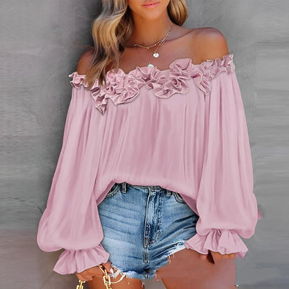 Off-shoulder Top Met Lange Lotusbladmouw En Ruches Halslijn