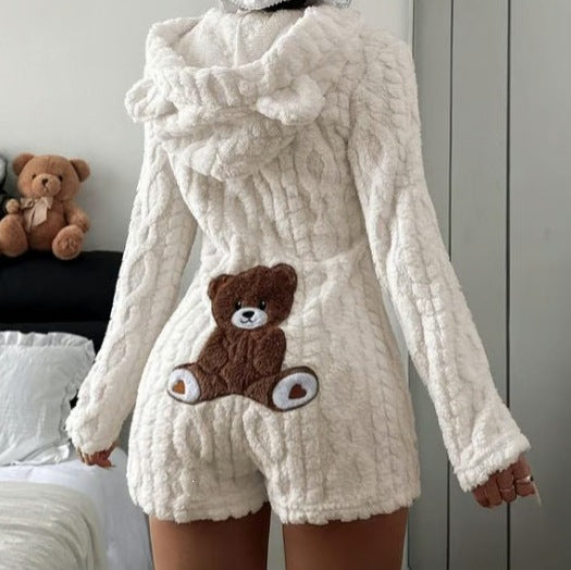 Womens Casual Plush Hooded Jumpsuit