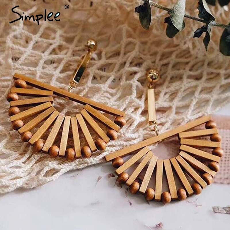 Simplee Boho wood semicircle drop earrings female Vintage handmade women earrings Fashion ethnic ladies accessories jewelry