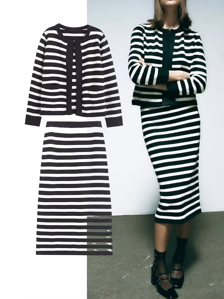 TRAF Women Skirt Sets Fashion Striped Knitted Cardigan Sweater+Mini Skirts Long Sleeve Casual Female clothing 2 pieces set