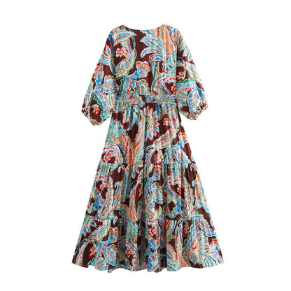 Summer European and American New Fashionable Knot Printed Dress